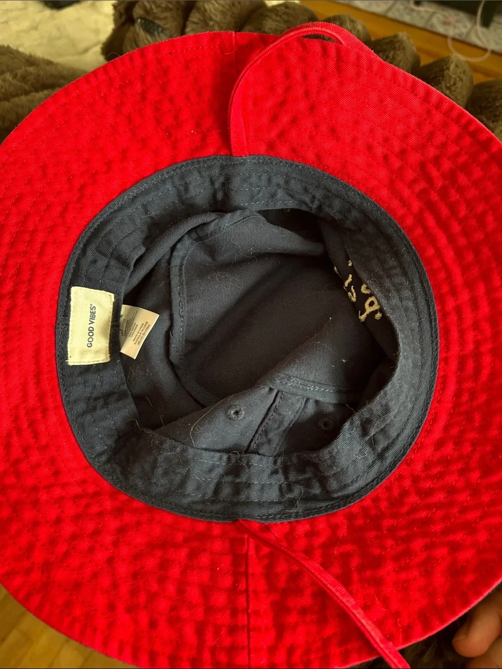 Life is Good Navy Bucket Hat with Red Chin Strap
